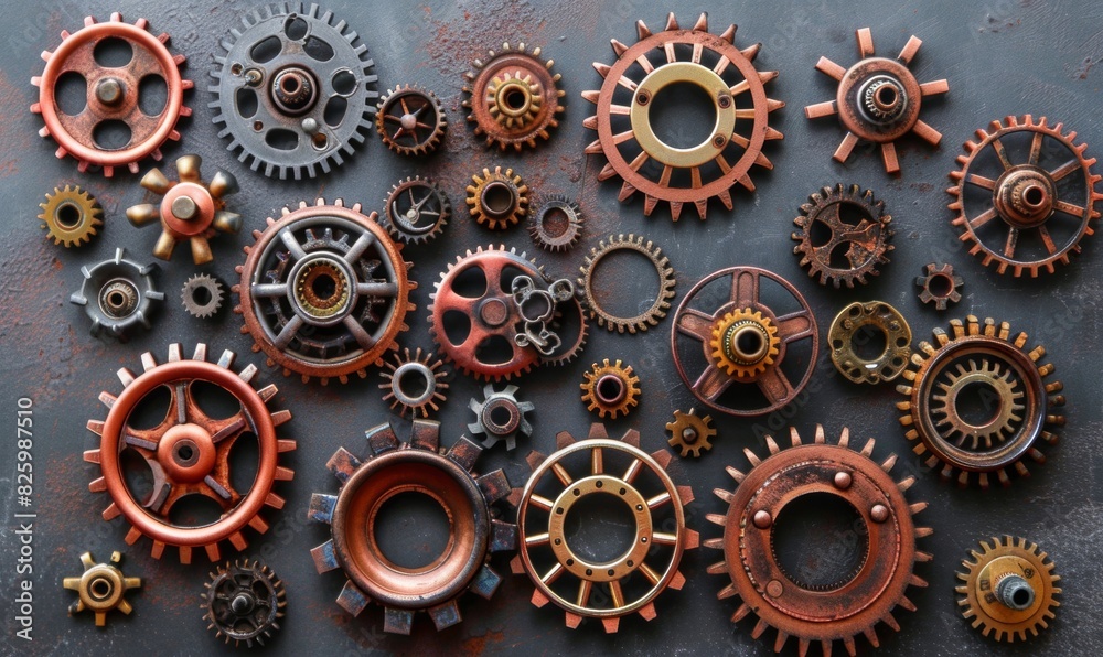 Cogs and gears made of various materials like wood, metal, and plastic 