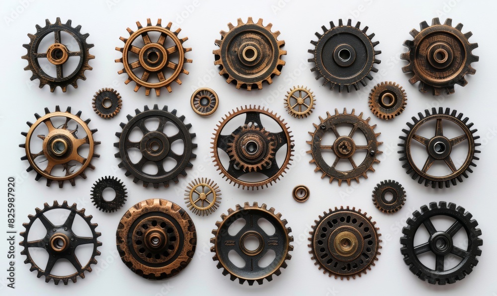 Cogs and gears made of various materials like wood, metal, and plastic Cogs and gears made of various materials like wood, metal, and plastic