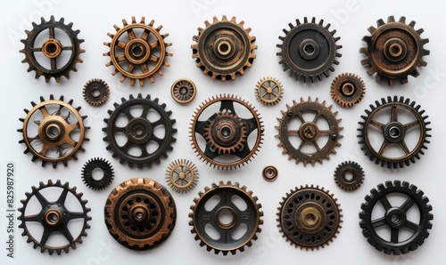 Cogs and gears made of various materials like wood, metal, and plastic 