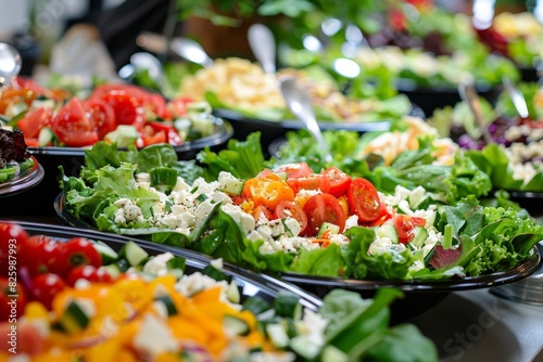 Fresh salad display at catered event, culinary buffet dinner catering for celebration party