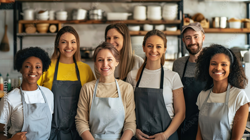 A group of smiling men in aprons and chef's hats stand together, looking confidently into the camera. They have different skin tones and hair textures A group of smiling men in aprons and chef's hats stand together, looking confidently into the camera. They have different skin tones and hair textures