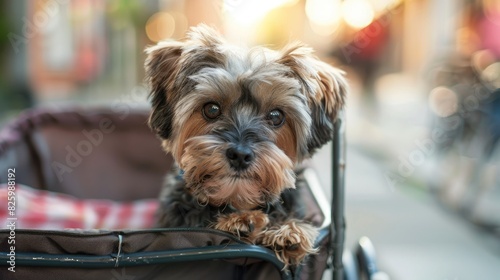 Adorable pooch being wheeled in a pet carriage