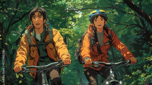 Embracing Diversity: Non-Binary and Female Couple Cycling Joyfully in Enchanting Forest Setting