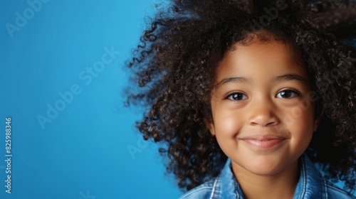A cheerful black girl with curly afro hair is smiling in a studio setting