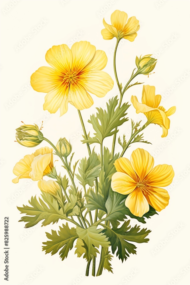 Yellow flowers with green leaves, isolated on white background. Yellow flowers with green leaves, isolated on white background.