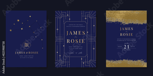 Navy Blue Luxury Wedding Invitation, start invite thank you, rsvp modern card Design in Night sky with  little star moon sun and space decorative Vector elegant rustic template