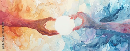 Watercolor illustration of three hands showing rock, paper, scissors in a circle, surrounded by a blend of soft pastel hues, conveying playful energy photo