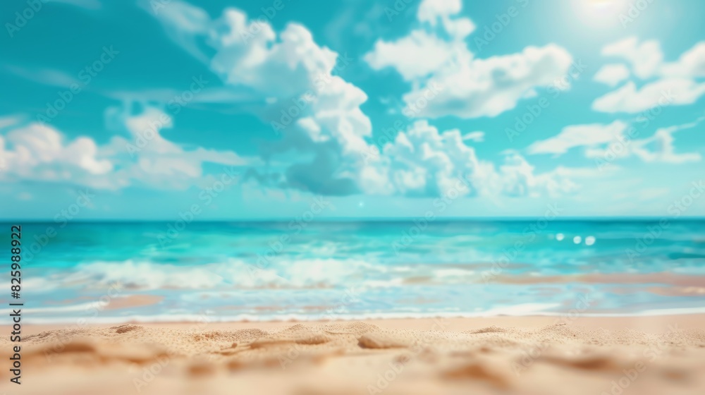 Tropical beach. golden sand, turquoise ocean, blue sky, white clouds. Colorful summer landscape