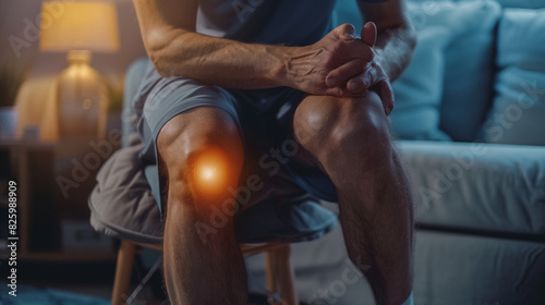 Man Massaging Knee Due to Pain in Closeup Shot photo