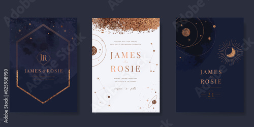 Navy Blue Luxury Wedding Invitation, start invite thank you, rsvp modern card Design in Night sky with  little star moon sun and space decorative Vector elegant rustic template