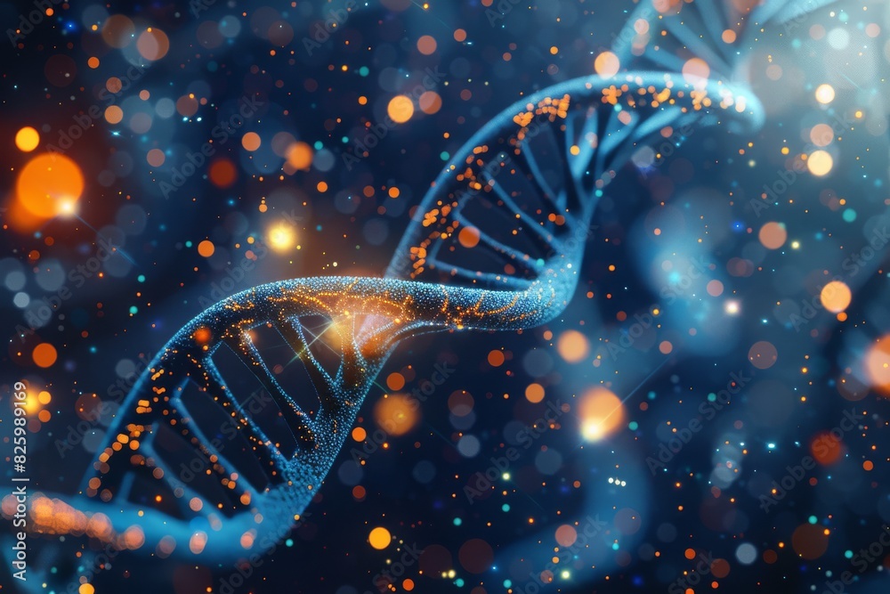 Cosmic DNA strands illuminated by stardust, depicting the evolutionary link between galactic phenomena and life's molecular blueprint in a starlit backdrop