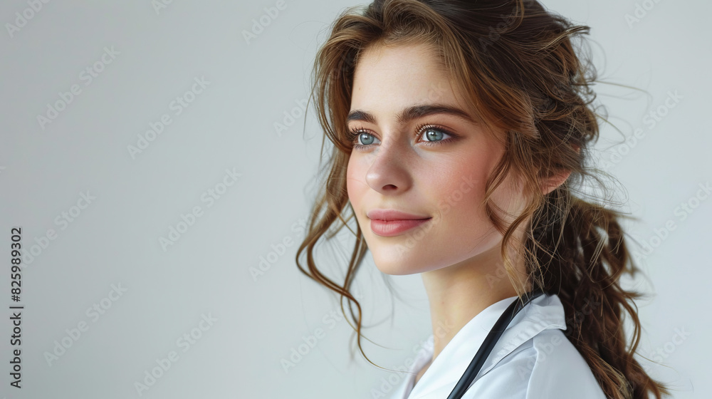 Detailed side view of a kind female doctor against white background.