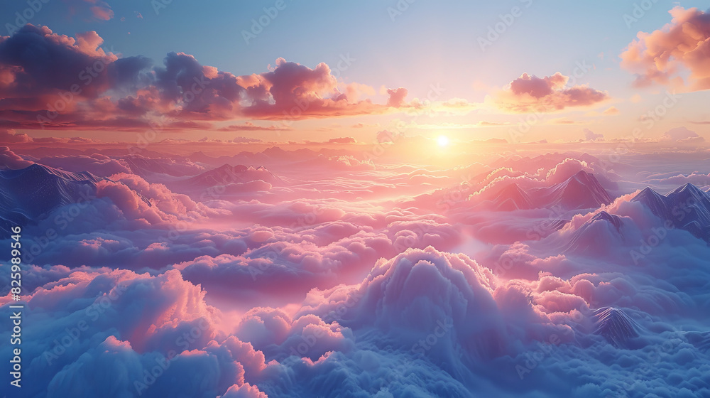 The sky is filled with fluffy white clouds and a bright orange sun The sky is filled with fluffy white clouds and a bright orange sun