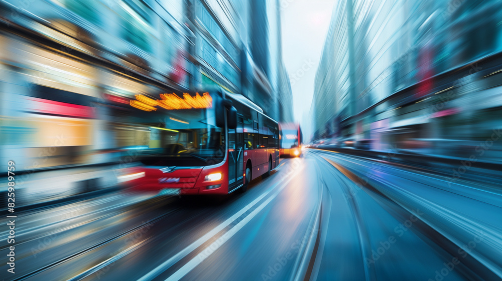 City Bus in Motion on Highway Amid Blurred Buildings Background