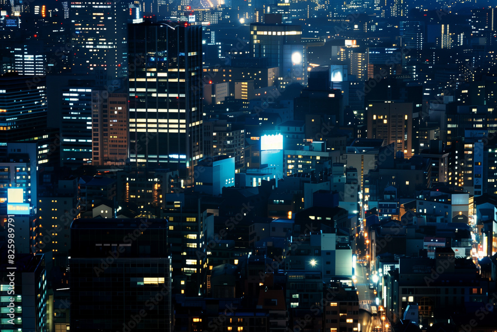 City Skyline at Night: Aerial View of Illuminated Skyscrapers City Skyline at Night: Aerial View of Illuminated Skyscrapers