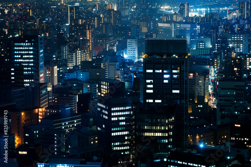 City Skyline at Night  Aerial View of Illuminated Skyscrapers