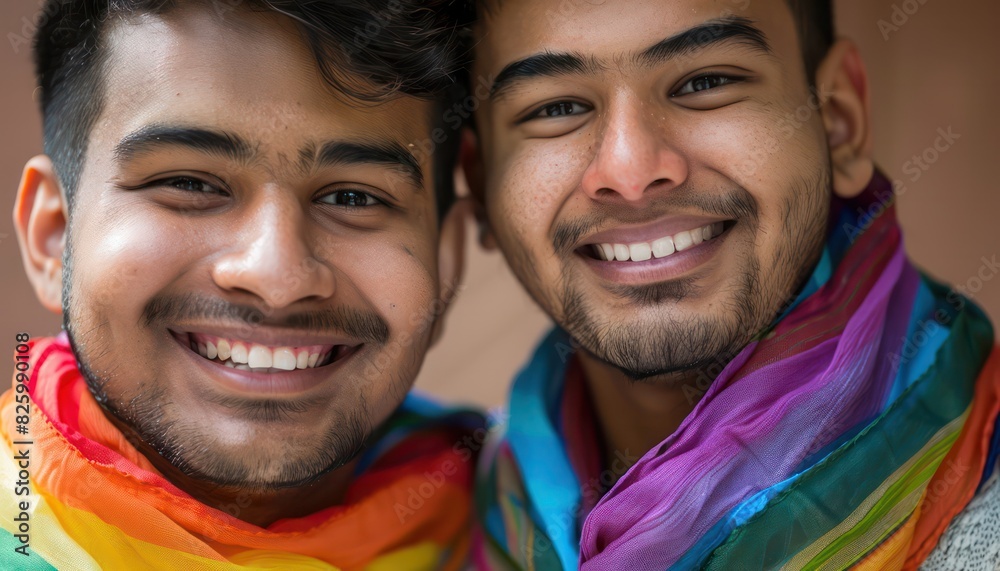 A gay couple who are happy and proud to support LGBTQ shows happiness and unity. rainbow scarf A gay couple who are happy and proud to support LGBTQ shows happiness and unity. rainbow scarf