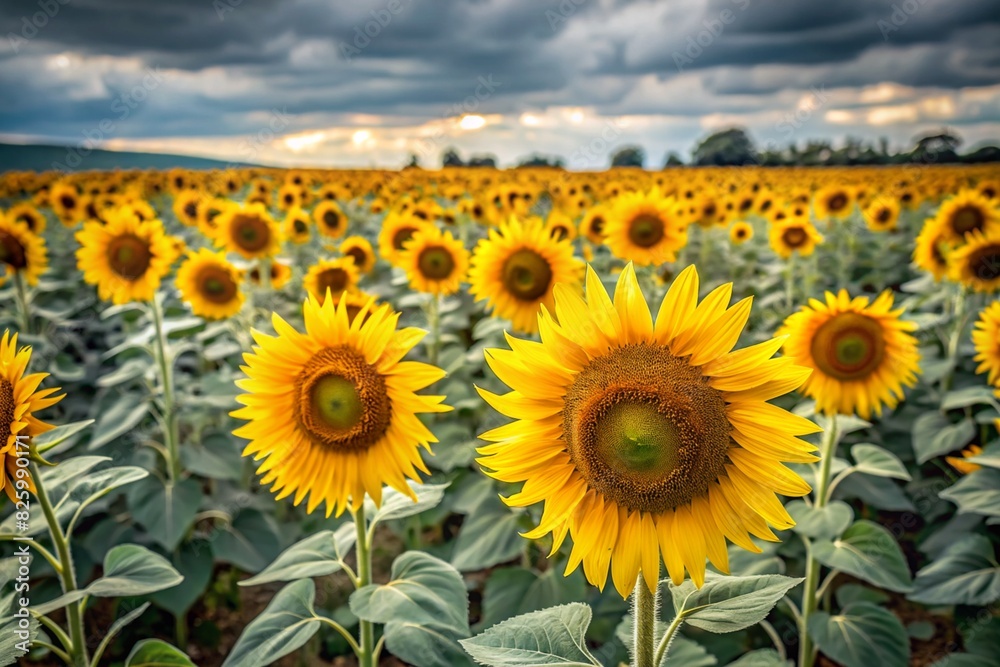 Obraz premium A beautiful field of blooming sunflowers against a background of blurred golden sunset light. Harvesting sunflower seeds, sunflower seeds, sunflower oil.