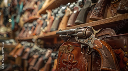 A room filled with vintage guns and holsters a necessary accessory for any cowboy or lawman in the untamed frontier. photo