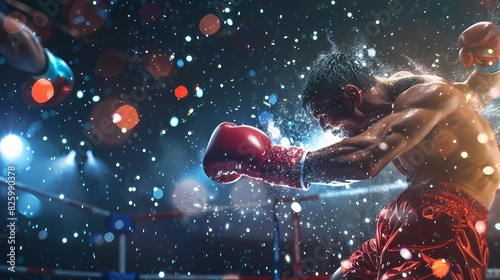 A thrilling scene of a boxing match  with a defocused backdrop of vibrant particles -