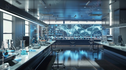 futuristic laboratory with holographic projections photo