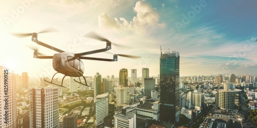 Electric eVTOL aircraft flying over a modern cityscape. The scene captures the futuristic vehicle in flight against a backdrop of high-rise buildings under a clear, sunny sky