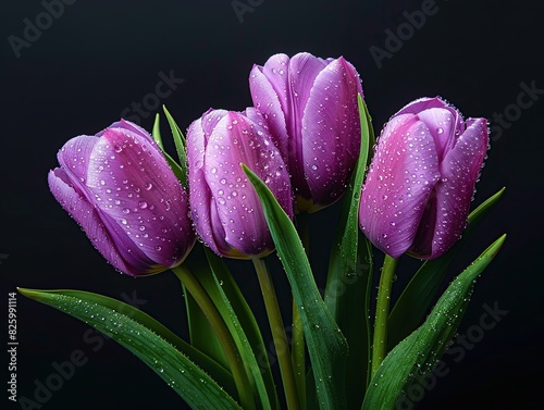 Unbloomed Purple Tulip with water droplets on black background photo