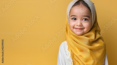 A little girl, adorned in a yellow scarf, stands against a vibrant yellow background