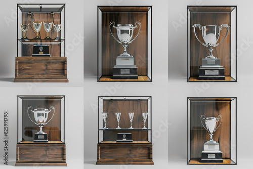 Modern simple 3D rendered trophy display case in various views. Ultra realistic, high-quality mockup.