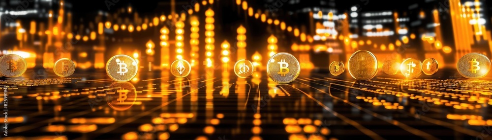 Abstract digital cryptocurrency background with Bitcoin symbols and glowing city lights, representing blockchain technology and finance.