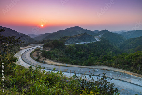 Sunset on the Asia Highway connects between  Thailand and Myanmar,Tak Province Thailand.