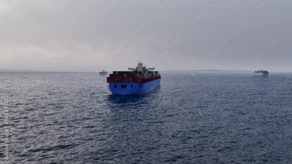 Cargo ships carefully navigating through the misty ocean, keeping a safe distance Cargo ships carefully navigating through the misty ocean, keeping a safe distance