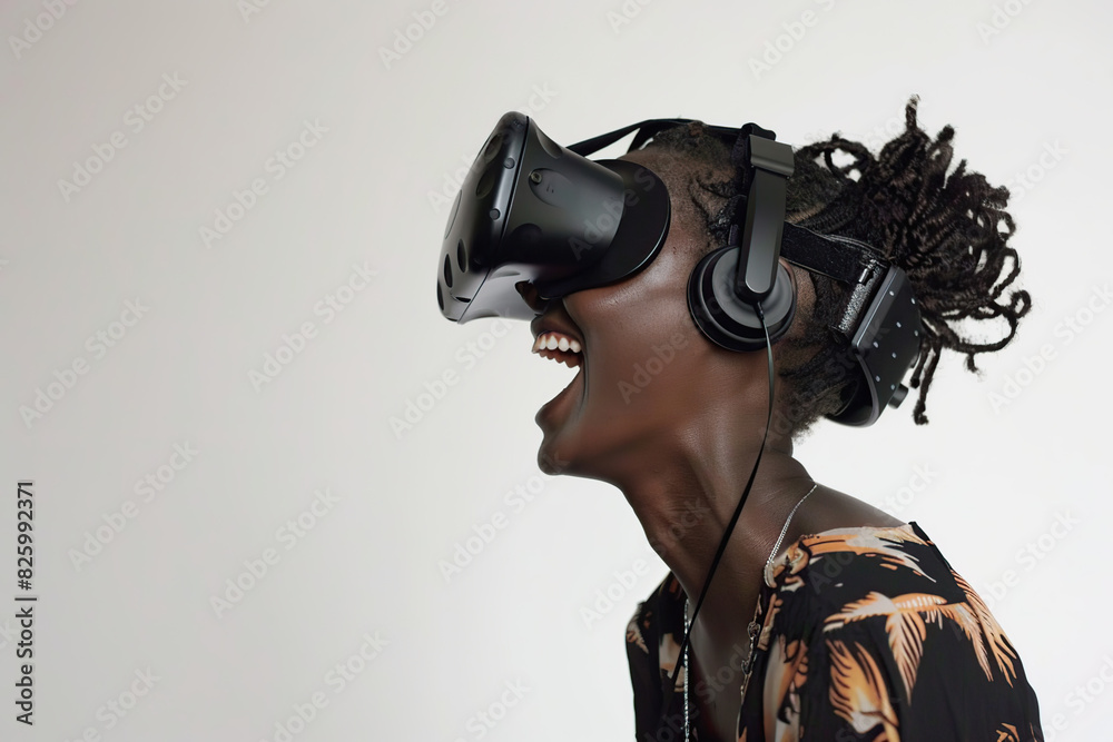 Satisfied young woman having fun during a virtual reality session. Future digital technologies of the gaming and entertainment metaverse. VR virtual reality glasses. 3D cyberspace. Place for text Satisfied young woman having fun during a virtual reality session. Future digital technologies of the gaming and entertainment metaverse. VR virtual reality glasses. 3D cyberspace. Place for text