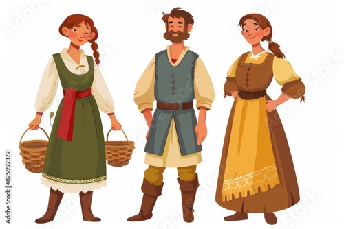 Medieval couple character man and woman. Middle age fairytale costume for girl and male peasant. Ancient European human dress collection. Happy historical young farmer isolated illustration