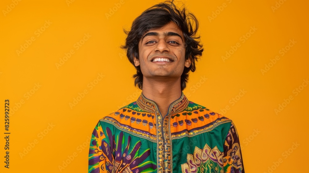 Obraz premium A happy Indian man with long hair wearing a colorful shirt in a bright, flat studio setting