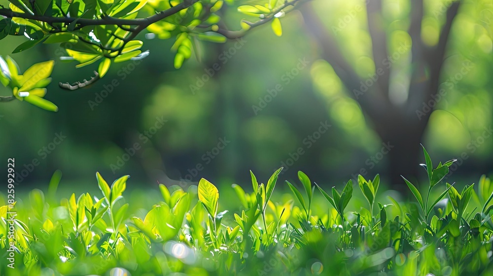 Fototapeta premium Close-up of fresh green grass and leaves with sunlight filtering through trees, highlighting the vibrant natural beauty of a serene outdoor scene.