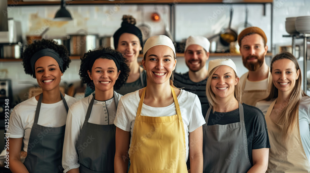 A group of smiling men in aprons and chef's hats stand together, looking confidently into the camera. They have different skin tones and hair textures A group of smiling men in aprons and chef's hats stand together, looking confidently into the camera. They have different skin tones and hair textures