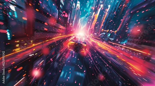 A thrilling scene of a high-speed race through a futuristic city, with a defocused backdrop of vibrant particles