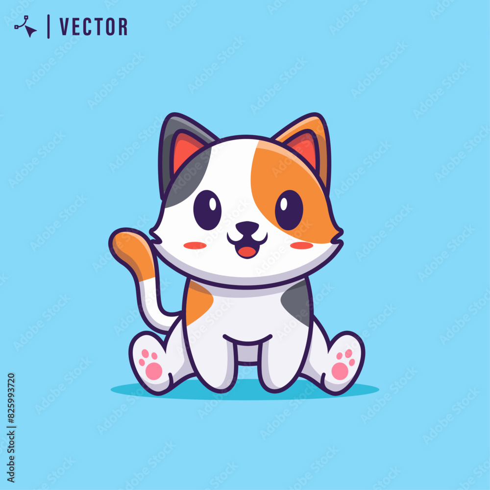 Cute cat sits with blue isolate background, vector illustration Cute cat sits with blue isolate background, vector illustration