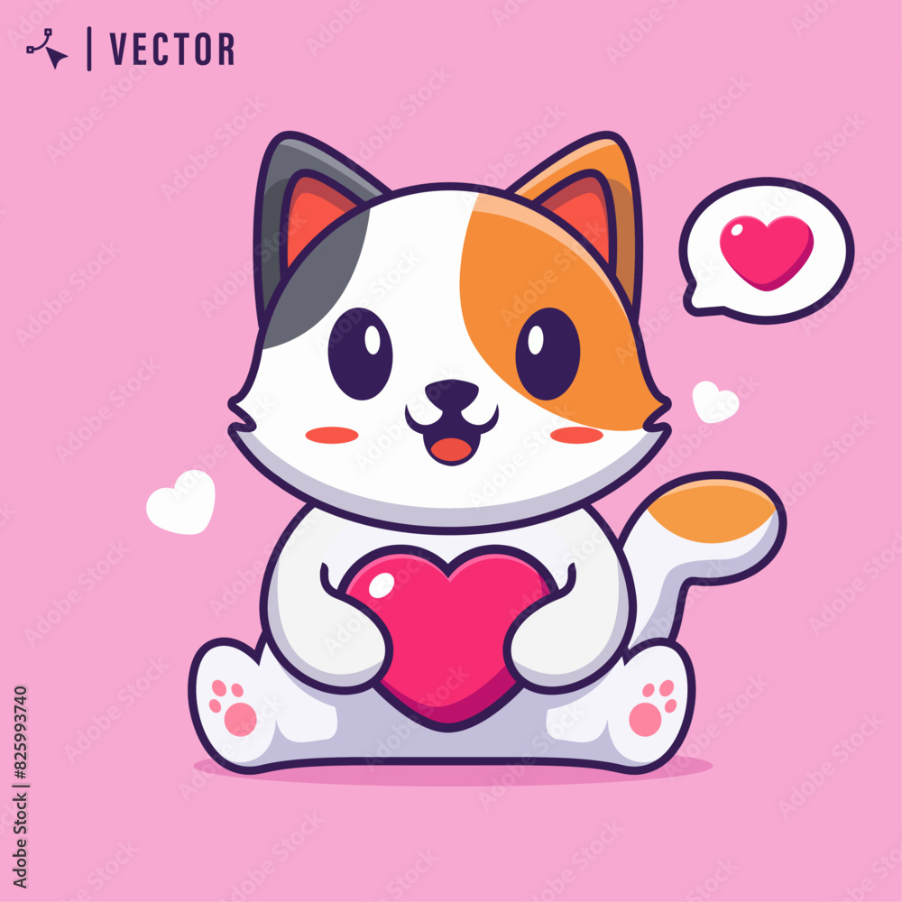 Cute white cat is holding red heart vector illustration. Valentine's day concept Cute white cat is holding red heart vector illustration. Valentine's day concept