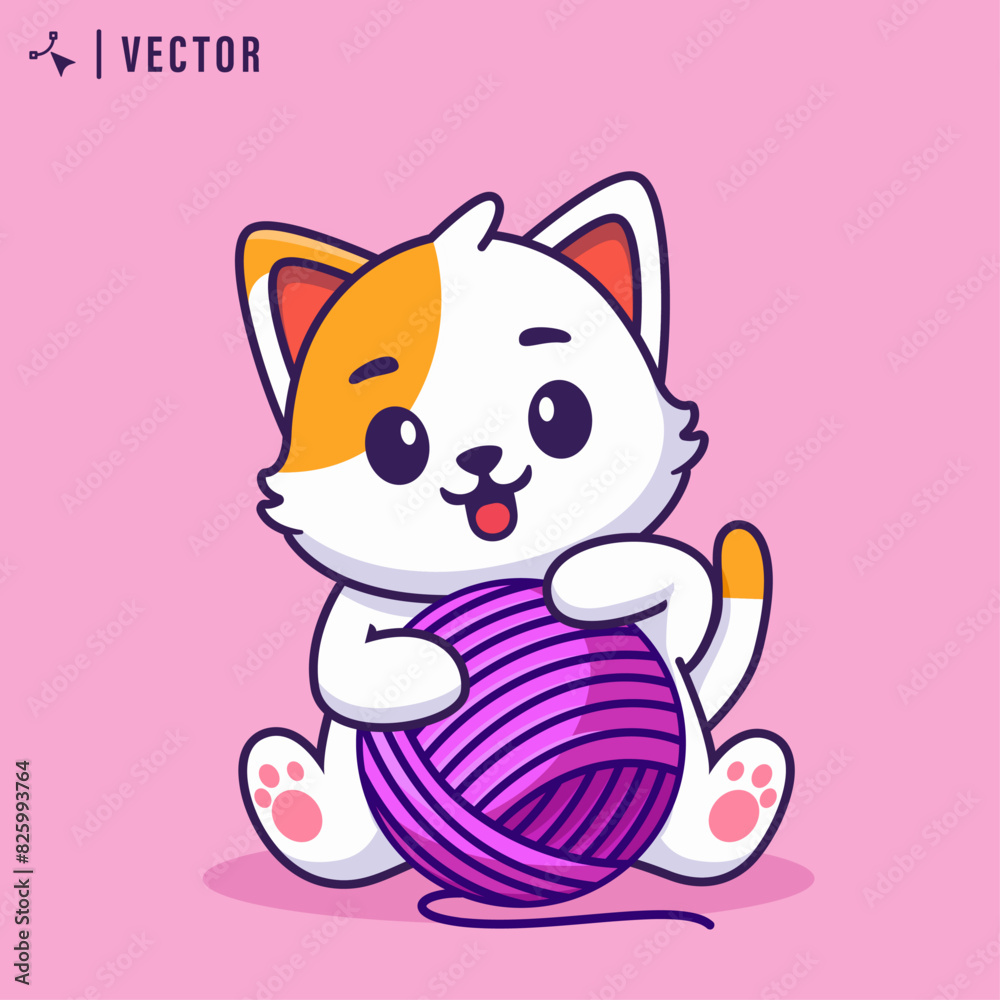 Fototapeta premium Cute cartoon cat playing with woll ball in isolated background vector illustration