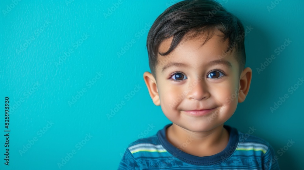 Young boy with vibrant smile against blue backdrop Young boy with vibrant smile against blue backdrop