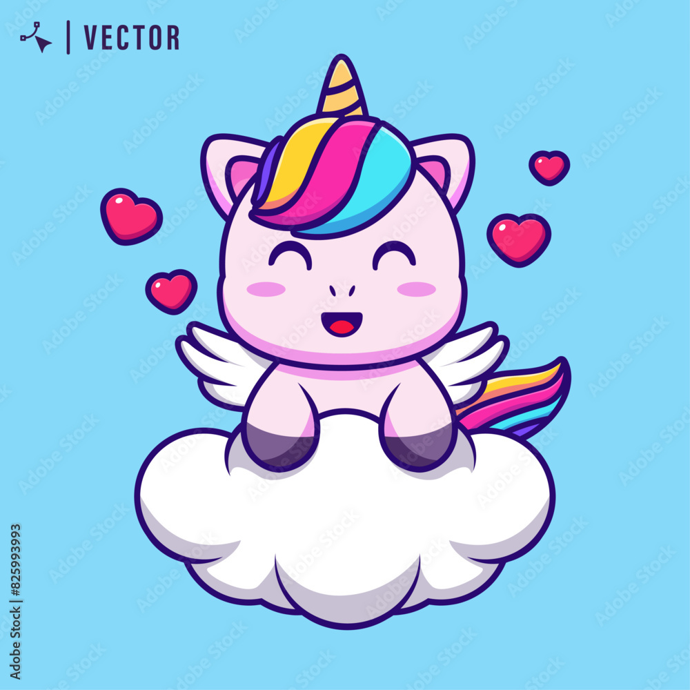 Illustration of cute little smiling unicorn with mane rainbow colors sits on cloud. Vector Illustration Illustration of cute little smiling unicorn with mane rainbow colors sits on cloud. Vector Illustration