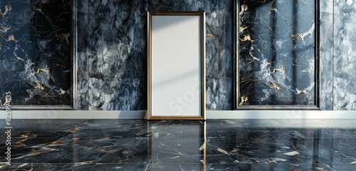 Modern art space with a 3D empty frame on an opulent Levadia Black marble floor. photo