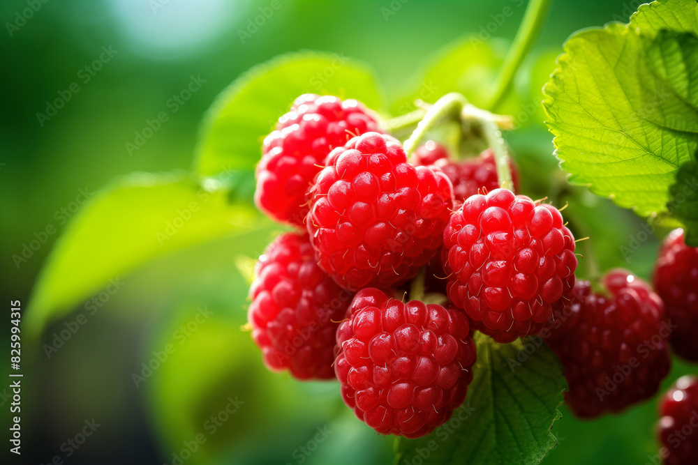 Bunch of Raspberries on Branch. Background with selective focus and copy space Bunch of Raspberries on Branch. Background with selective focus and copy space