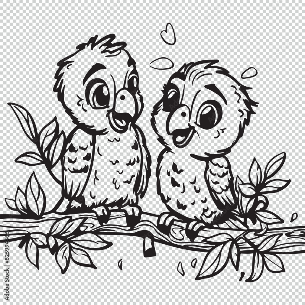 Obraz premium Cute cartoon baby macaws design for kids coloring book, black vector illustration on transparent background