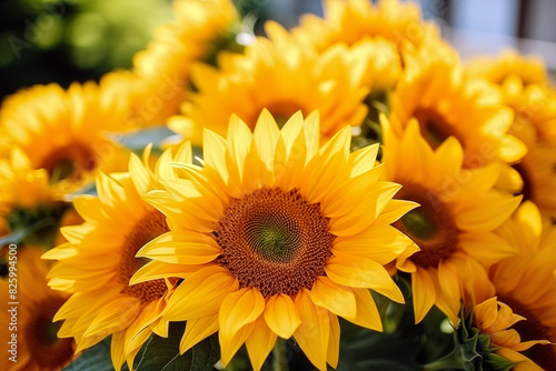 Beautiful sunflowers in bouquet on blurred background  closeup
