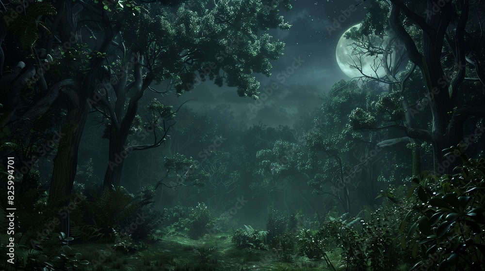 Obraz premium A dark forest bathed in the soft glow of the moon, the moonlight highlighting the intricate details of the trees and undergrowth.