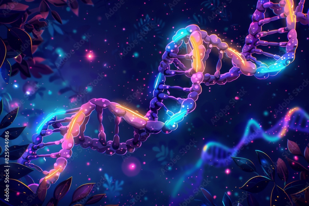 Enchanting DNA helix with glowing purple and blue lights, set against a starry night background, highlighting the mystical and intricate world of genetic structures Enchanting DNA helix with glowing purple and blue lights, set against a starry night background, highlighting the mystical and intricate world of genetic structures