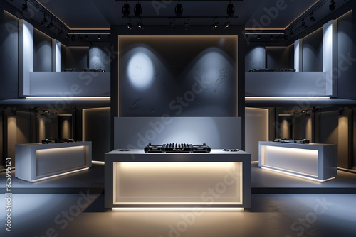 Blank, modern 3D rendered DJ booth in multiple perspectives. Ultra realistic mockup.